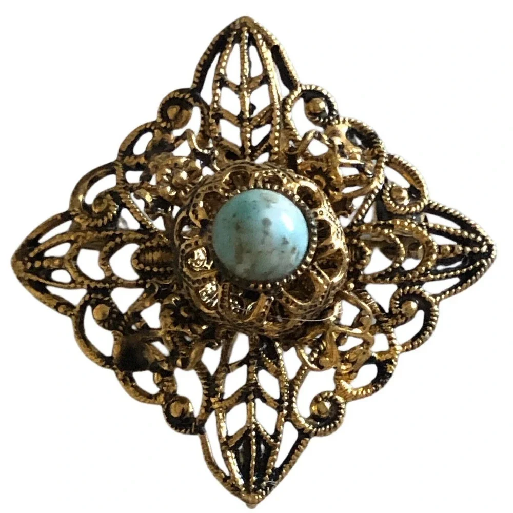 Vintage Turquoise Czech Art Glass Filigree Brooch Pin Pendant Jewelry Square